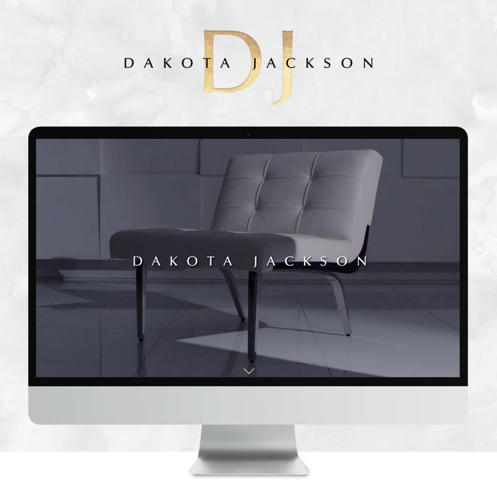 Website design of Dakota Jackson website, featuring a modern, minimalist interior with a gray tufted chair