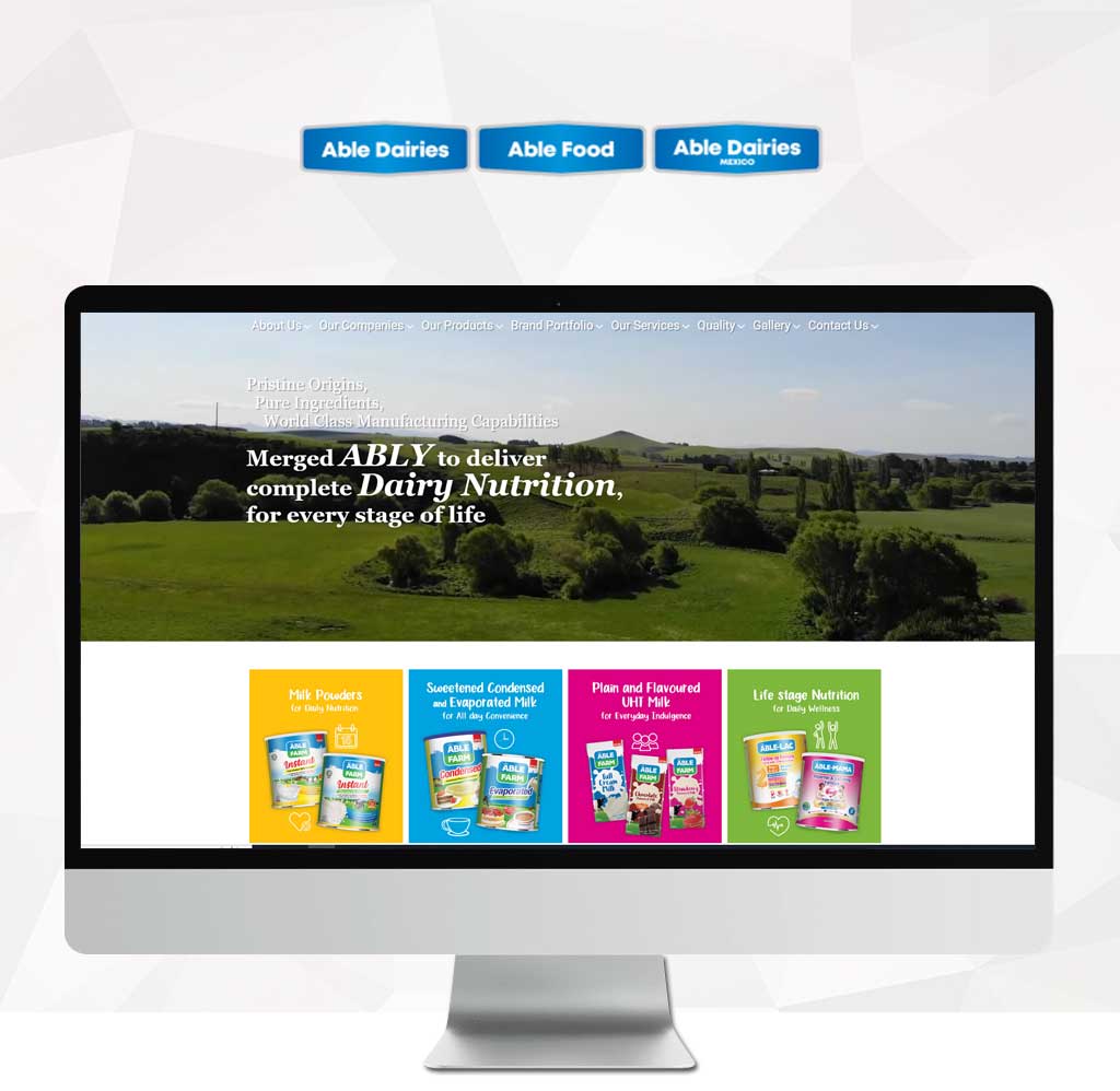 Website design of Able Dairies website, highlighting their dairy nutrition products for all ages stages