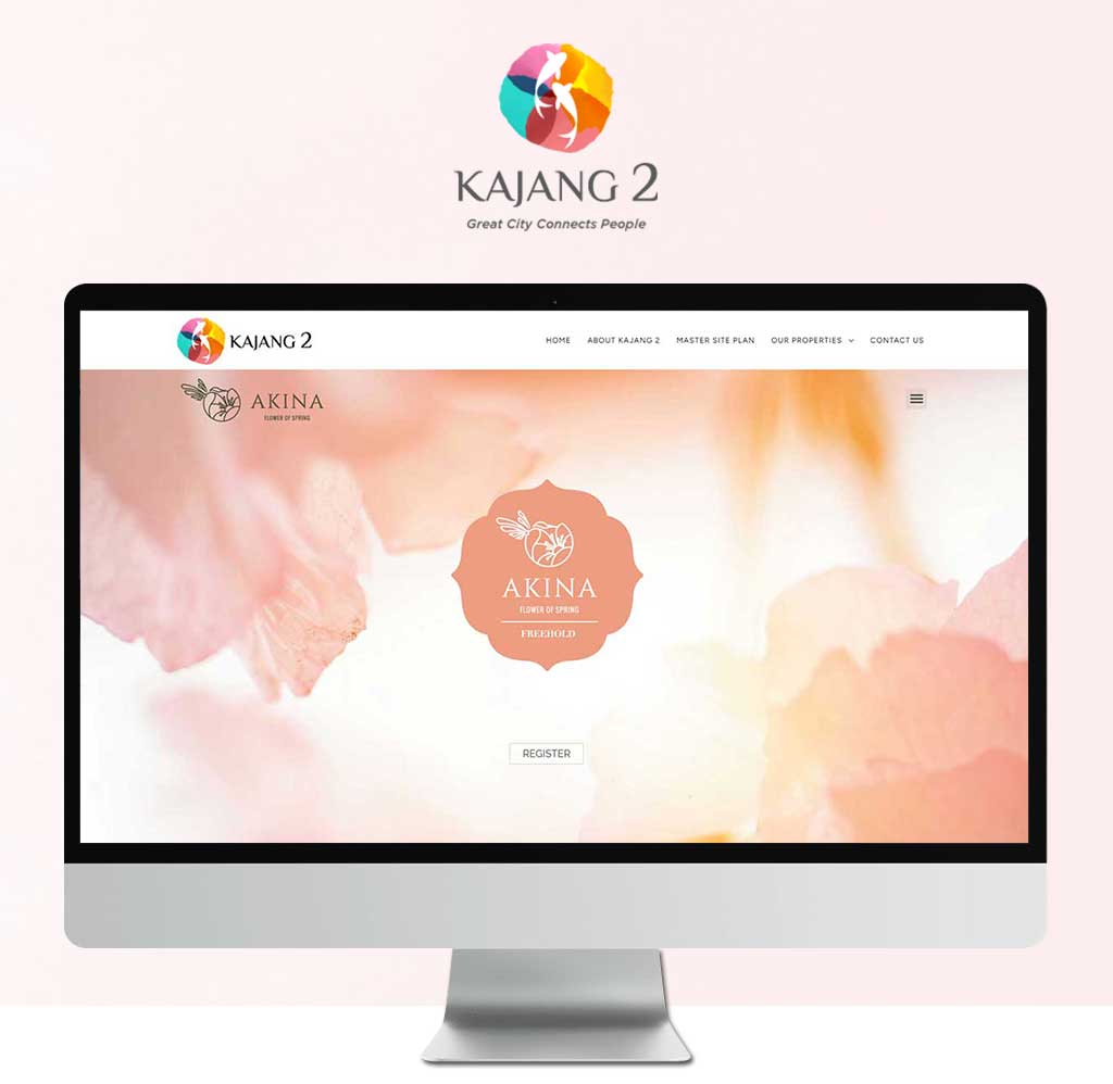 Website design of Kajang2, AKINA, featuring an abstract floral design with a combination color of pink and white, below is the AKINA logo and a “REGISTER” button.
