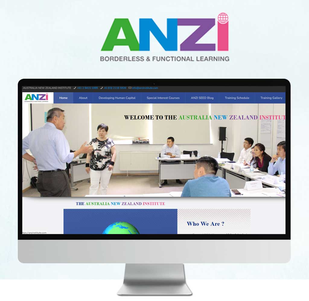 Website design of ANZI institute, showcasing a well structured home page and the used of the right color scheme that align with their business