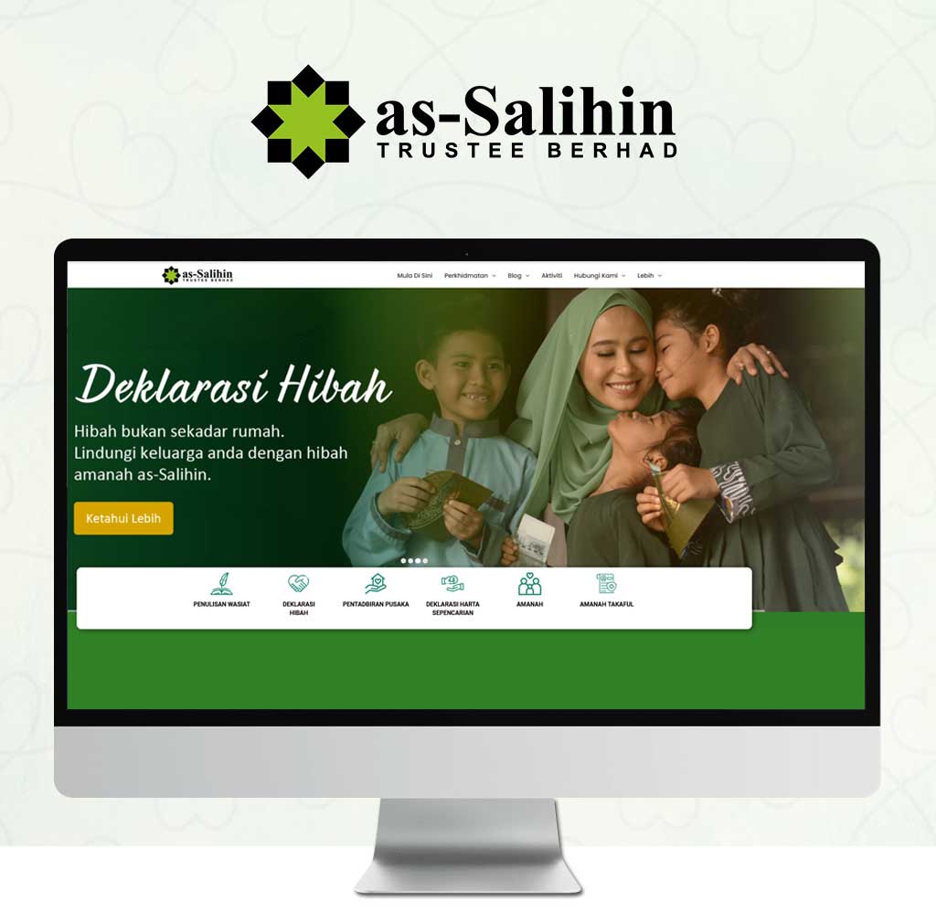 Website design of as-Salihin Trustee Berhad, presenting an image of a happy family on the homepage with a green color theme that symbolize an Islamic Estate Planning Service