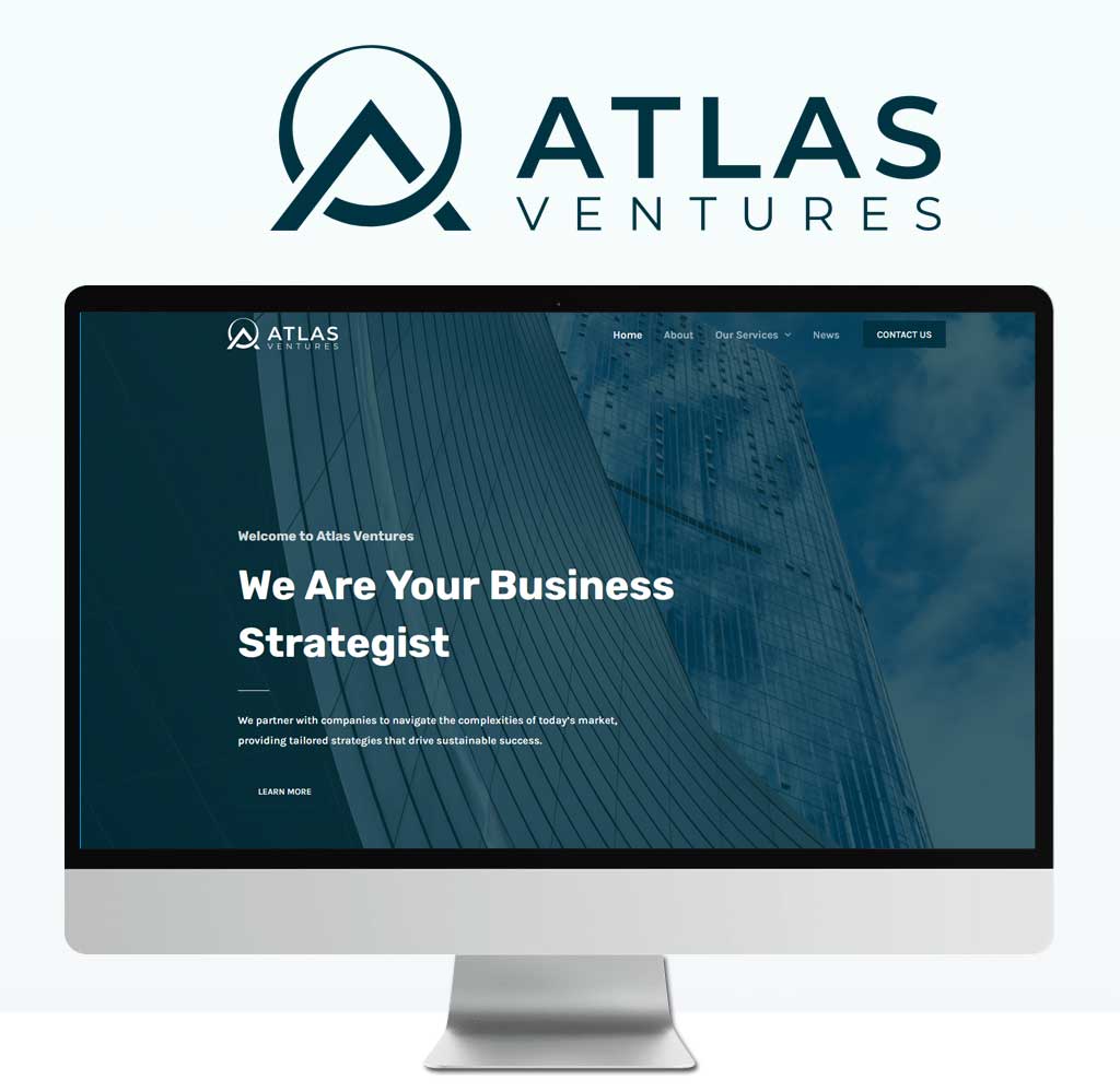 Website design of Atlas Ventures, featuring a skyscraper background with the text ‘We Are Your Business Strategist’ and navigation menu like Home, About Us, Our Services and Contact Us