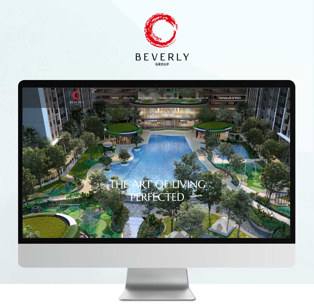 Website design of BEVERLY GROUP, featuring a bird’s-eye view of a residential complex with lush greenery and a central swimming pool, alongside with the tagline ‘THE ART OF LIVING PERFECTED'