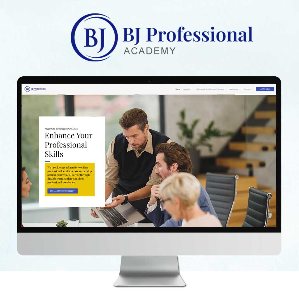 Website design of BJ Professional Academy, showcasing a well structured website, displaying a business setting with four individuals having a discussion and a pop-up window promoting professional skills enhancement
